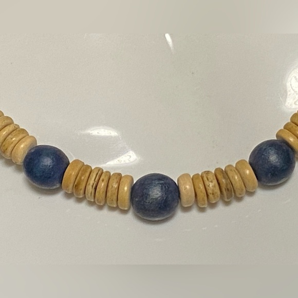 WOODEN Bead Necklace, Blue and Natural Colours, 18 inches - Picture 2 of 4